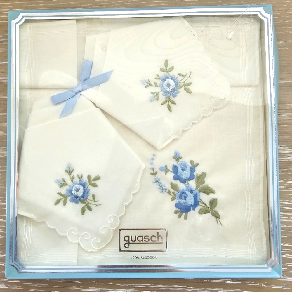 Set of 3 Vintage White Blue Flower Embroidery Handkerchiefs New in Box